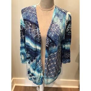 Chicos Size XL 3 Cardigan Sweater Open Front Abstract Turquoise Azul Blue